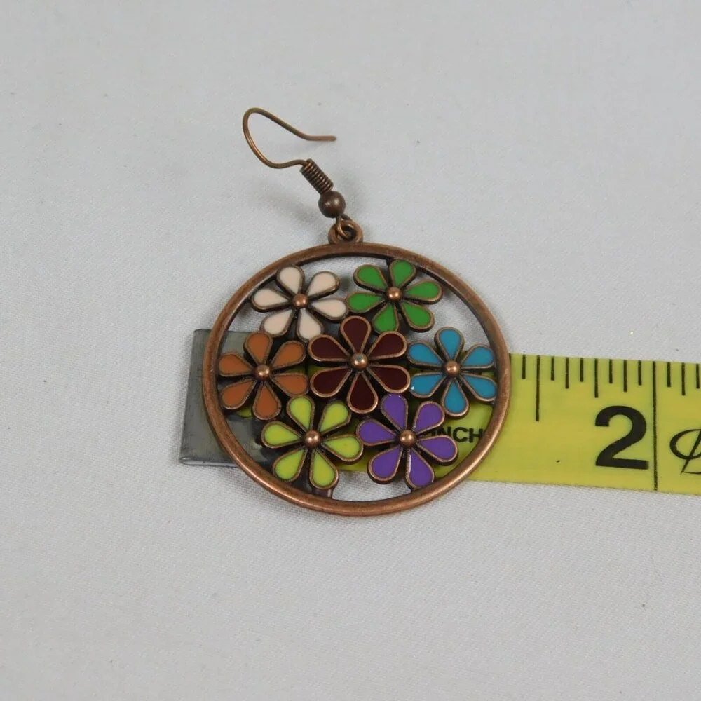 Flower Power Boho Bronze Tone Round Drop Earrings Multicolor Cutout 2.25" Dia - Picture 7 of 7